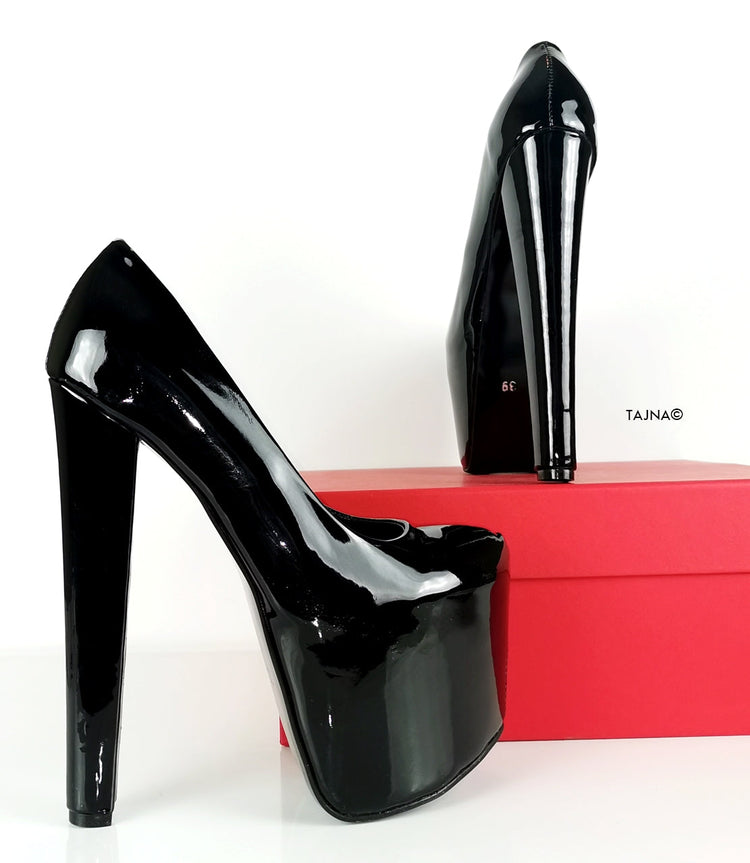 Black Patent Thick High Heel Pumps - Tajna Club