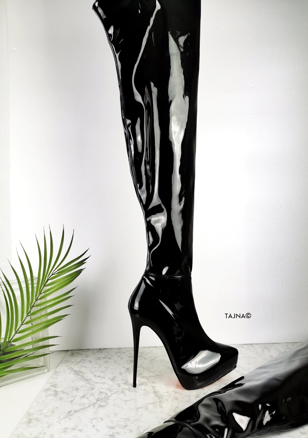 Pointy Toe Black Gloss Patent Thigh High Boots - Tajna Club