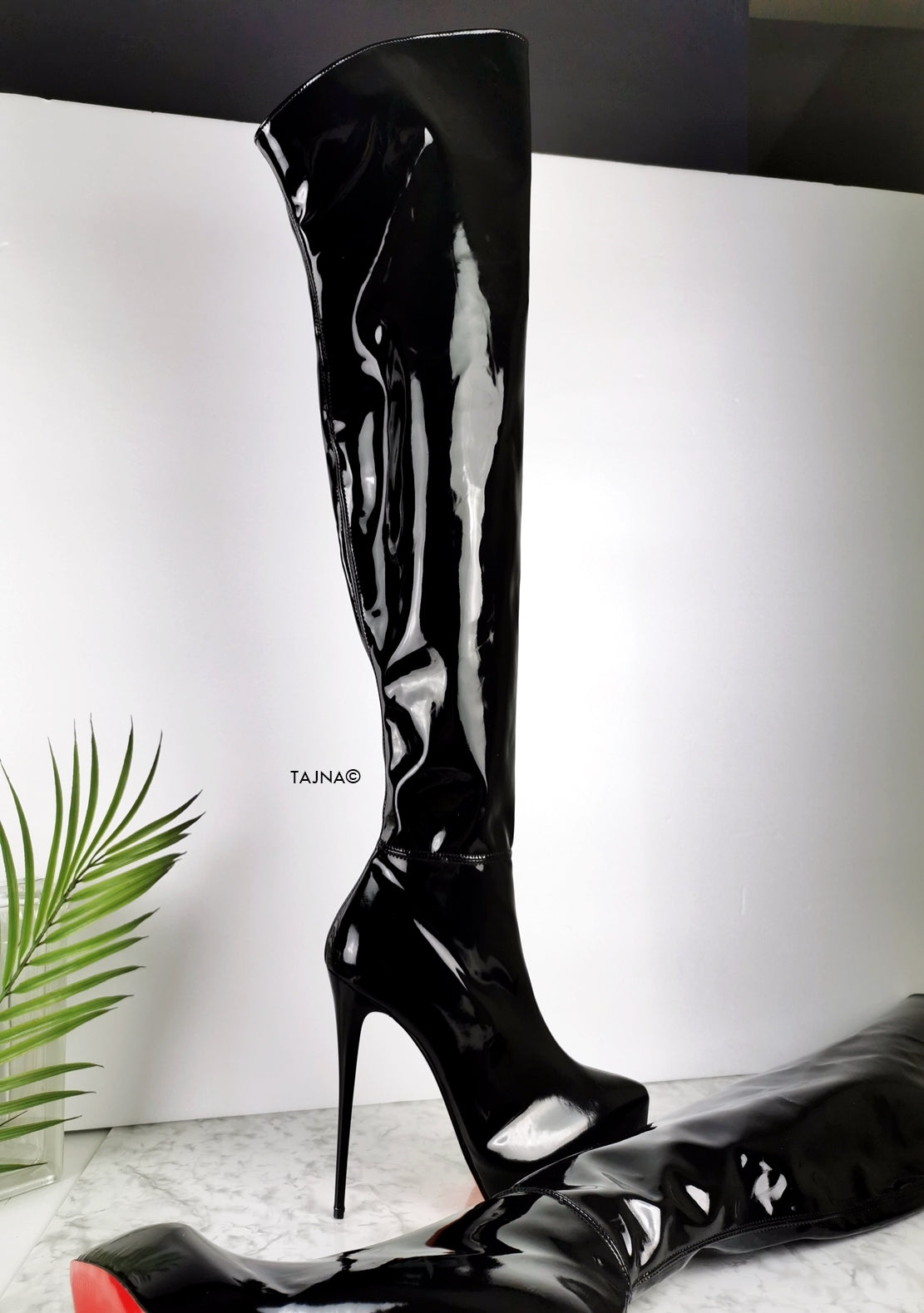 Pointy Toe Black Gloss Patent Thigh High Boots - Tajna Club