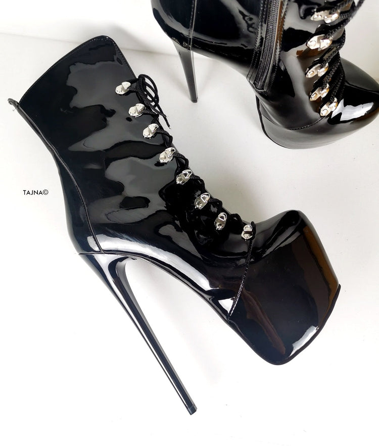 Black Patent Military Style Lace Up Boots - Tajna Club