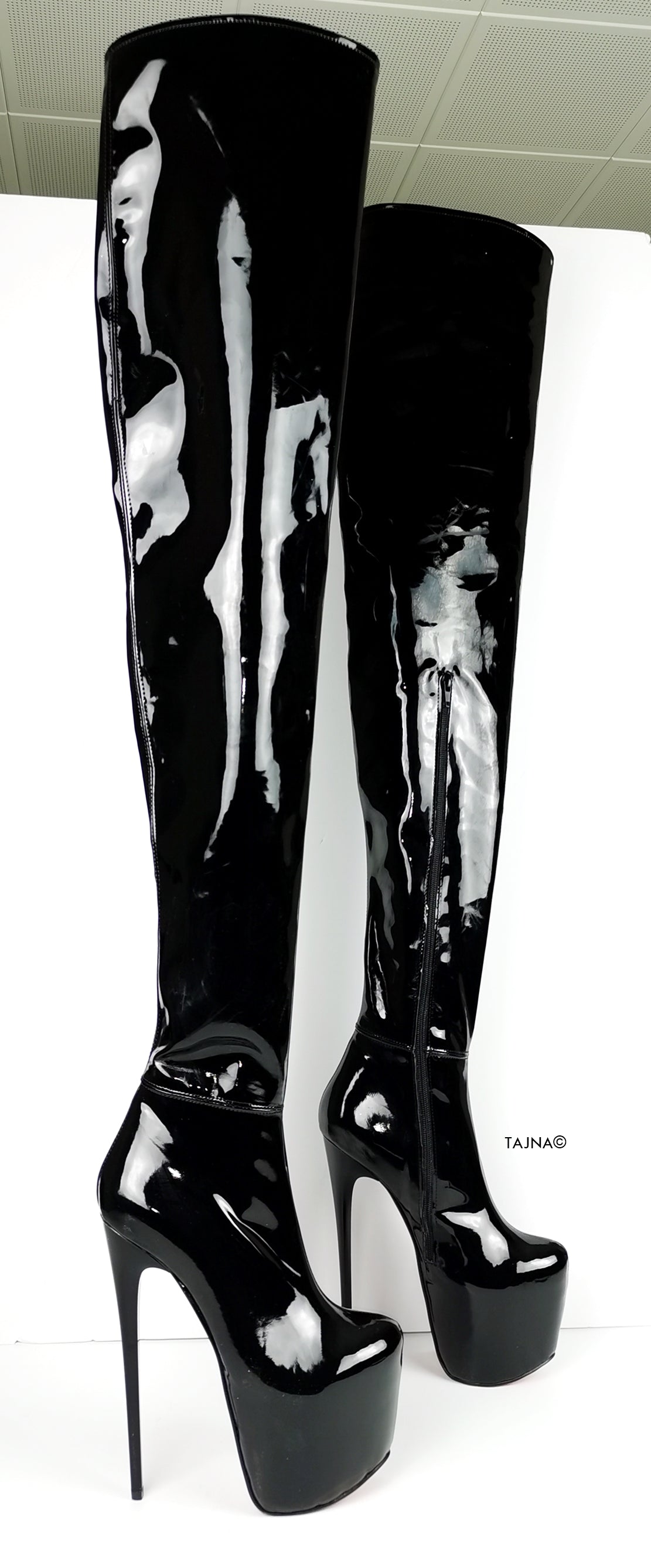 Black Patent 100 cm Extreme Ultra High Thigh Boots Tajna Shoes Tajna Club