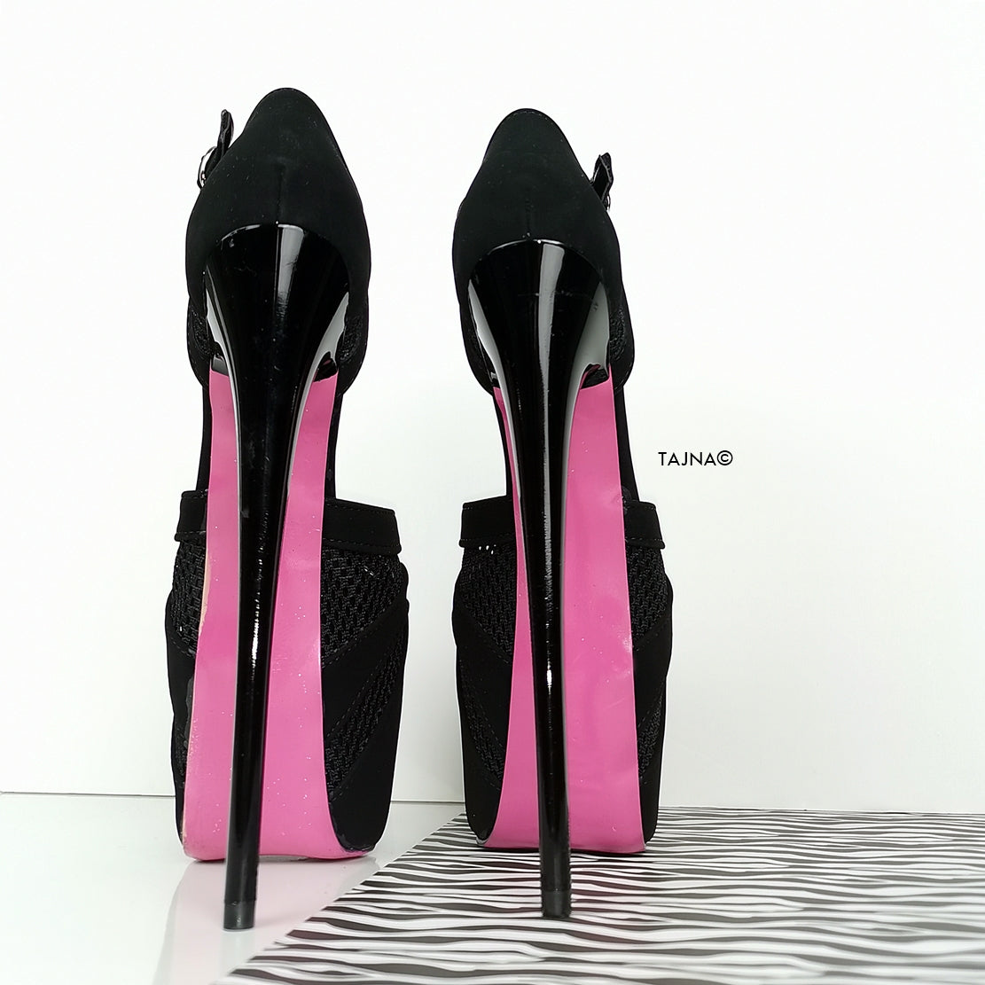 Black Suede Mesh Detail Heel Pink Sole - Tajna Club