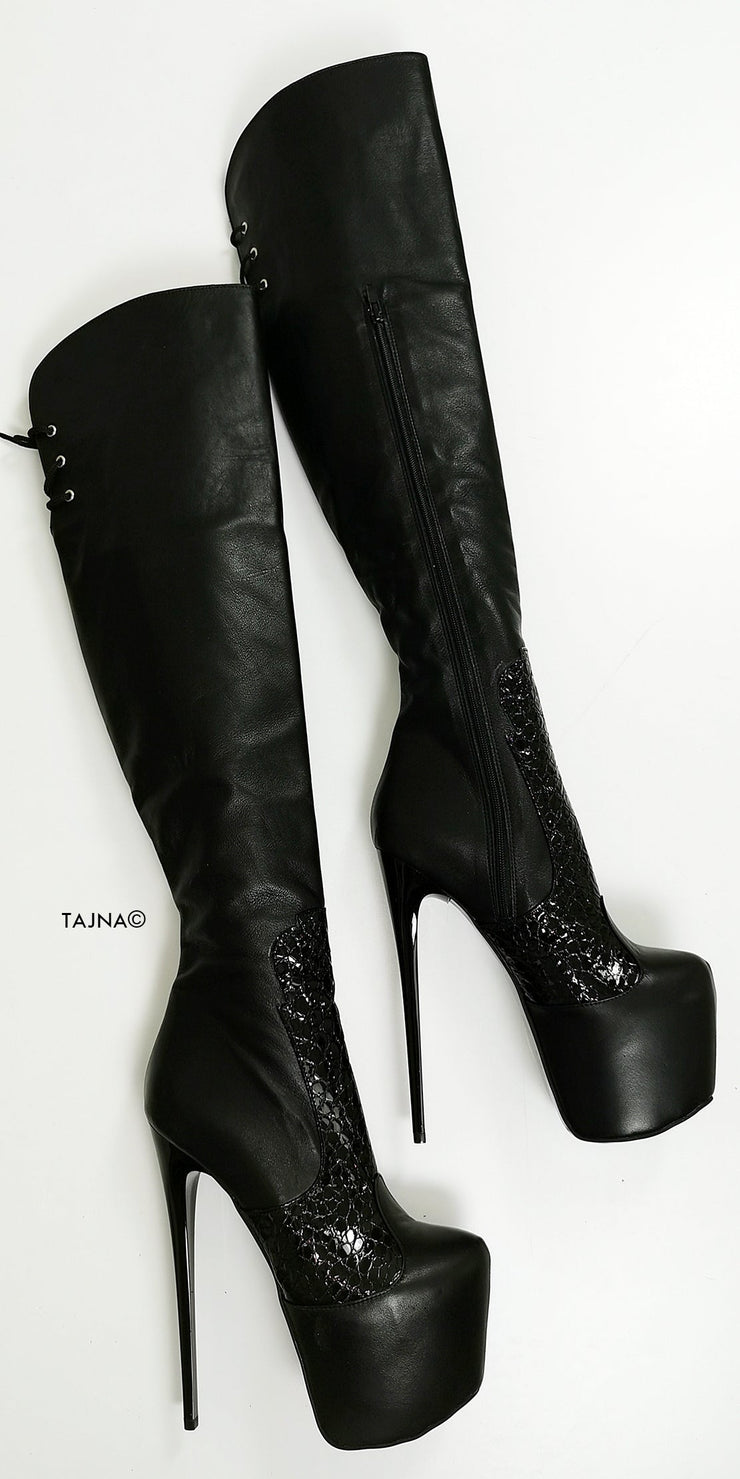 Genuine Leather Black Croco Over Knee Boots | Tajna Club