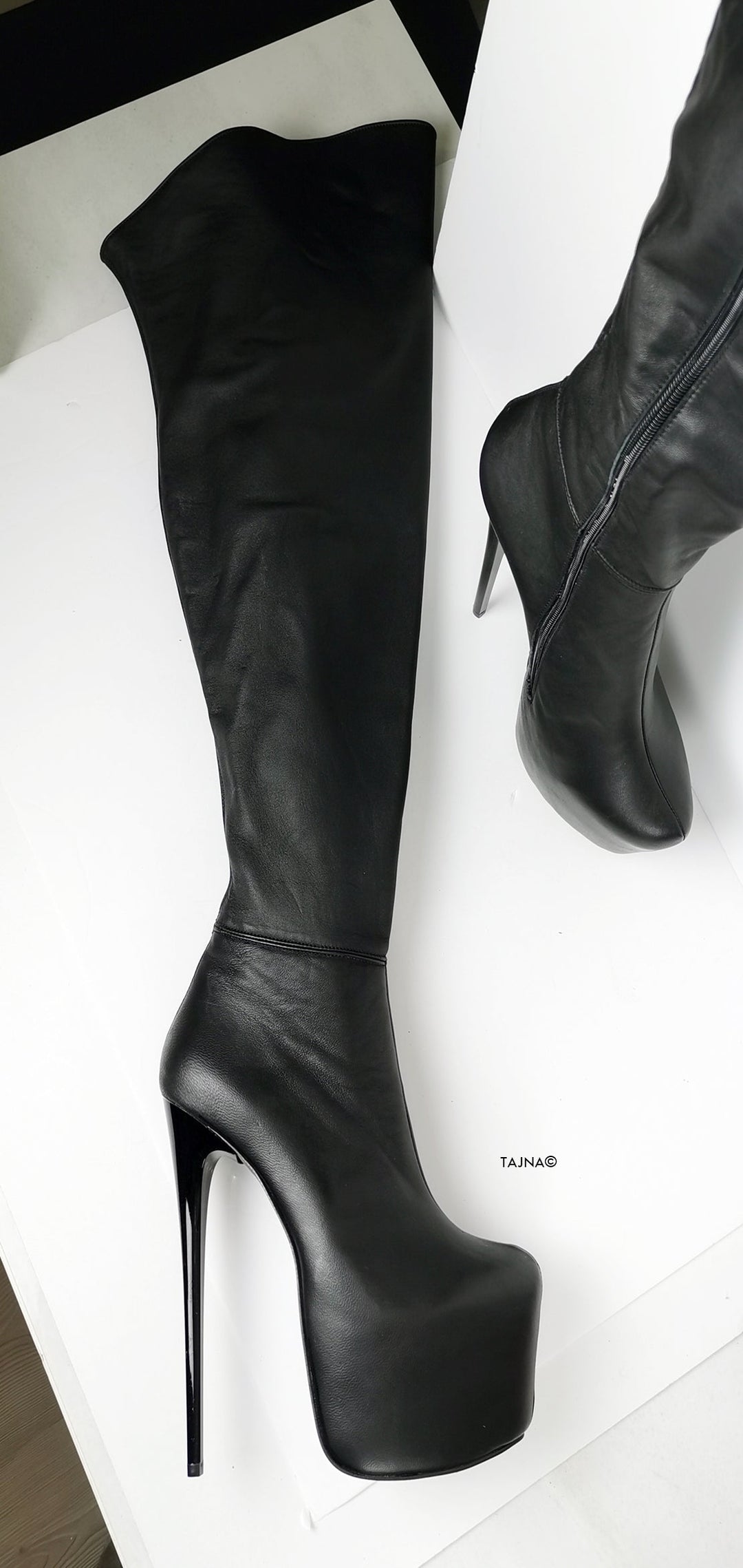 Genuine Leather Black Thigh High Boots - Tajna Club