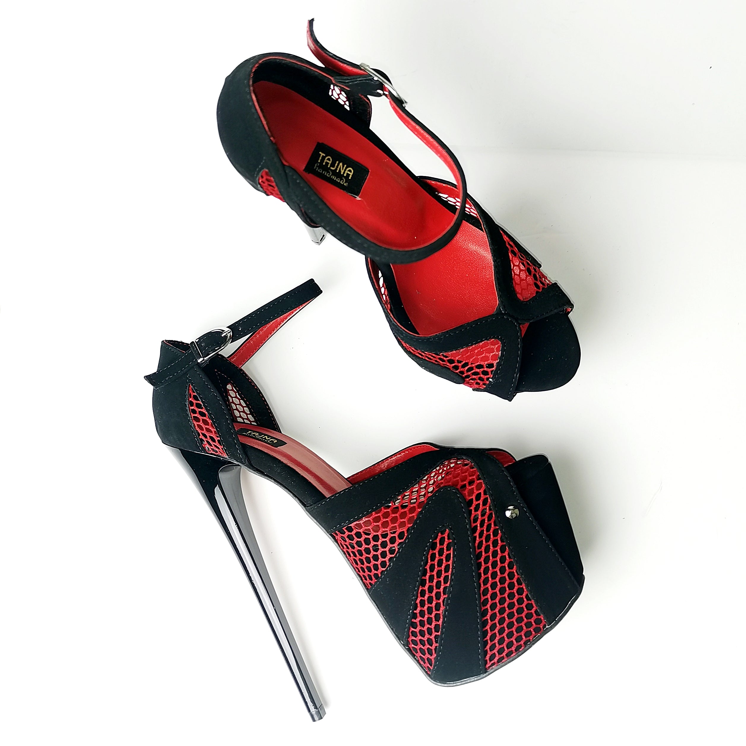 Black Red Fishnet Detail High Heels - Tajna Club