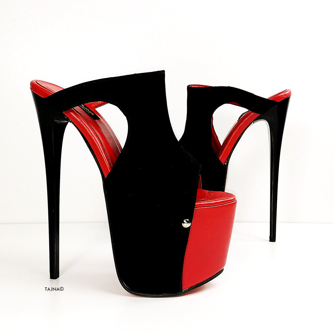 Red Black Suede High Heel Designer Mules - Tajna Club