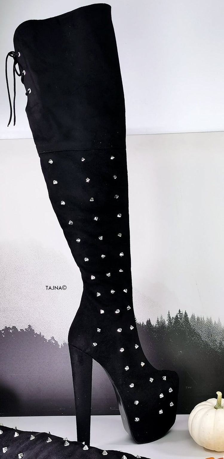 Black Suede Spike Studded Long Boots - Tajna Club
