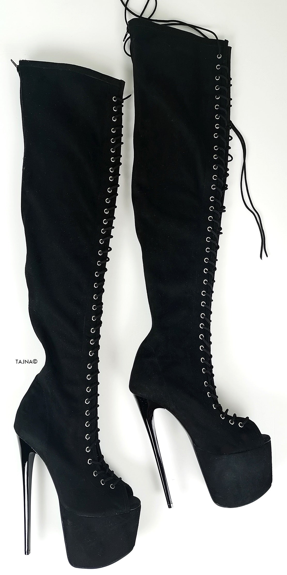 Black Suede Gladiator Lace Up Thigh High Boots - Tajna Club