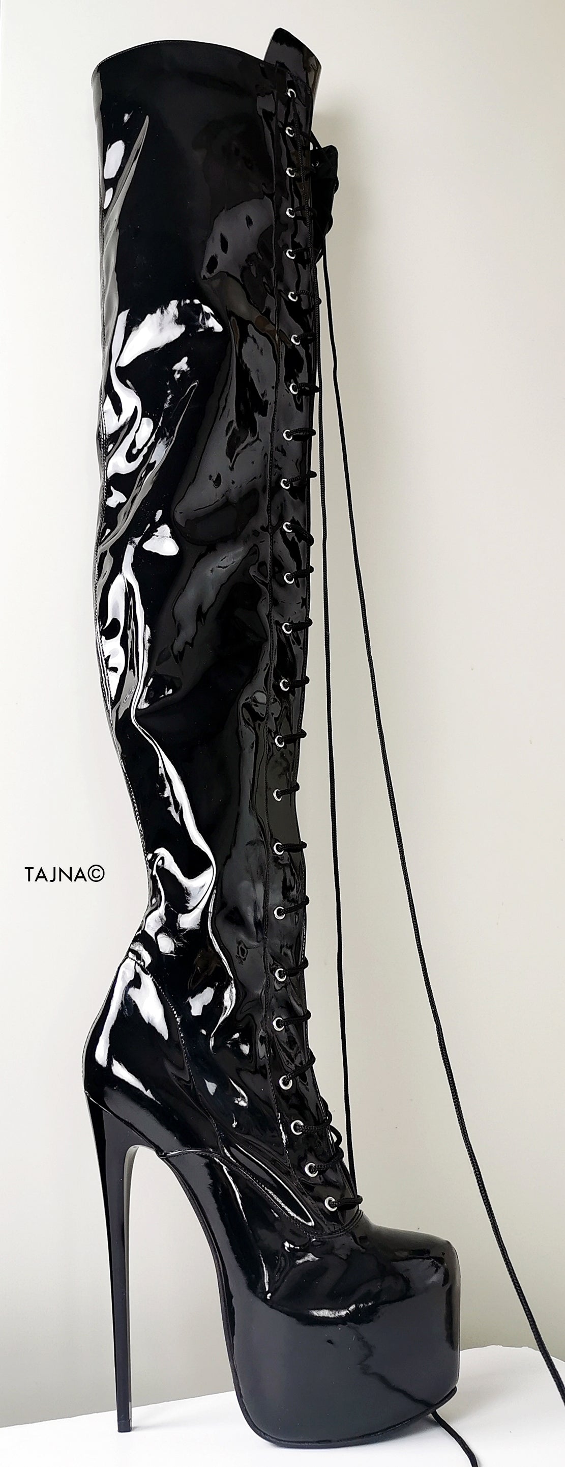 Black Glossy Lace Up Thigh High Boots - Tajna Club