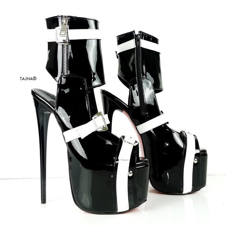 Black White Patent Belted Ankle Heels - Tajna Club