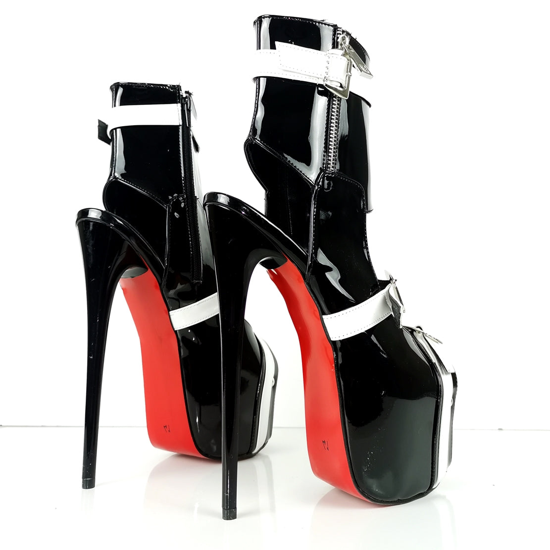 Black White Patent Belted Ankle Heels - Tajna Club