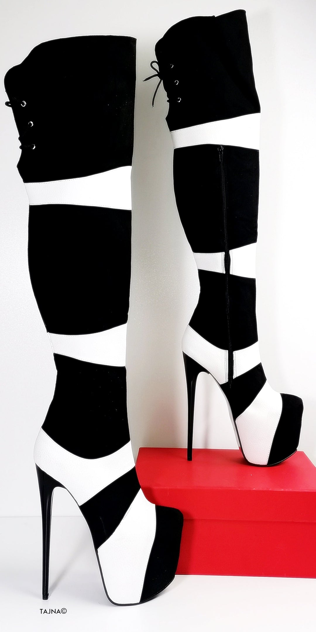Double Colour Thigh High Black White Boots - Tajna Club