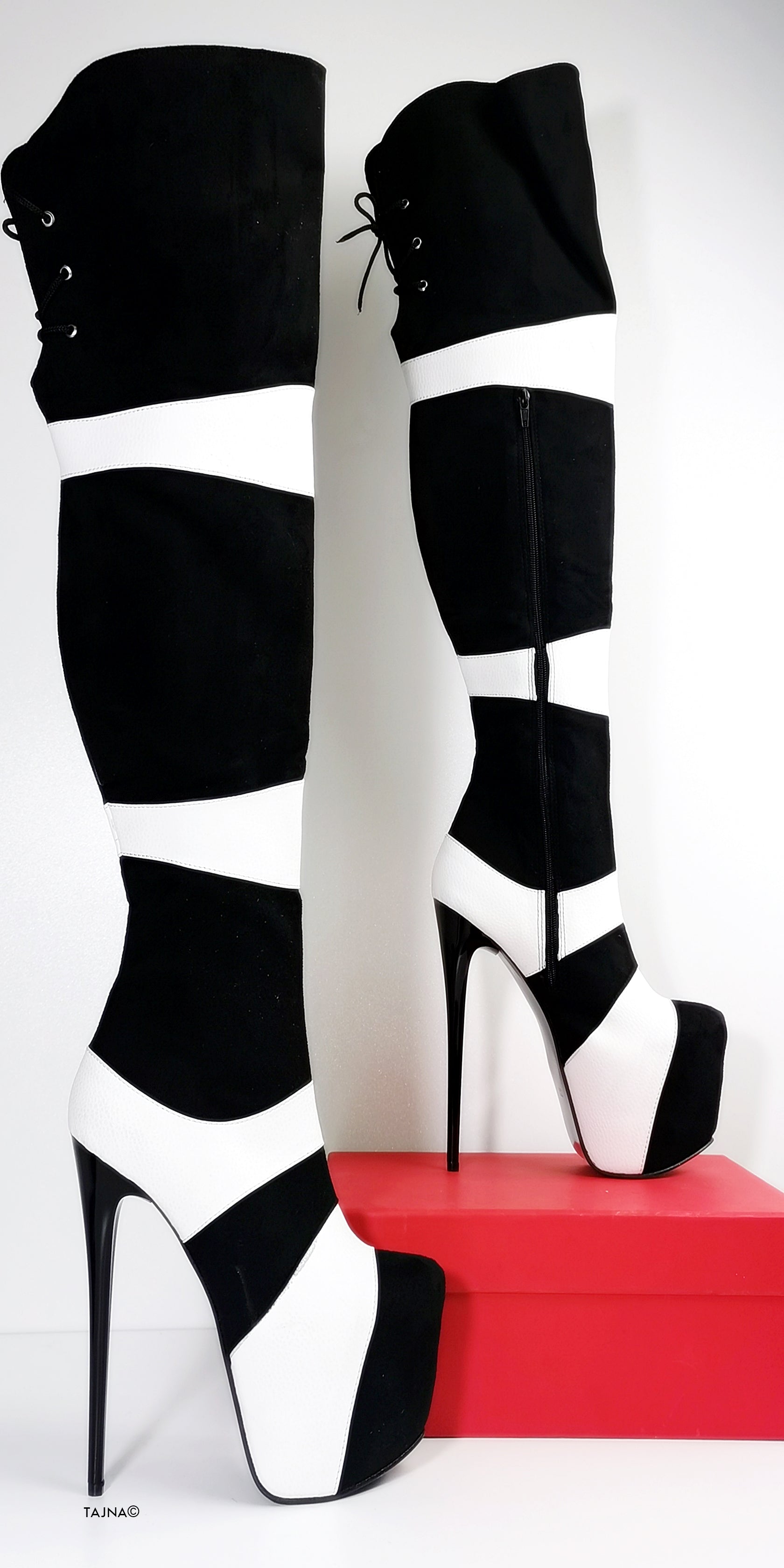 Double Colour Thigh High Black White Boots - Tajna Club