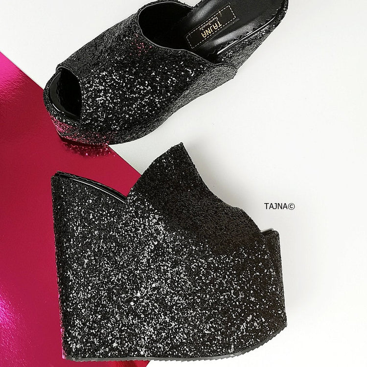 Black Glitter Peep Toe Platform Wedge Mules - Tajna Club