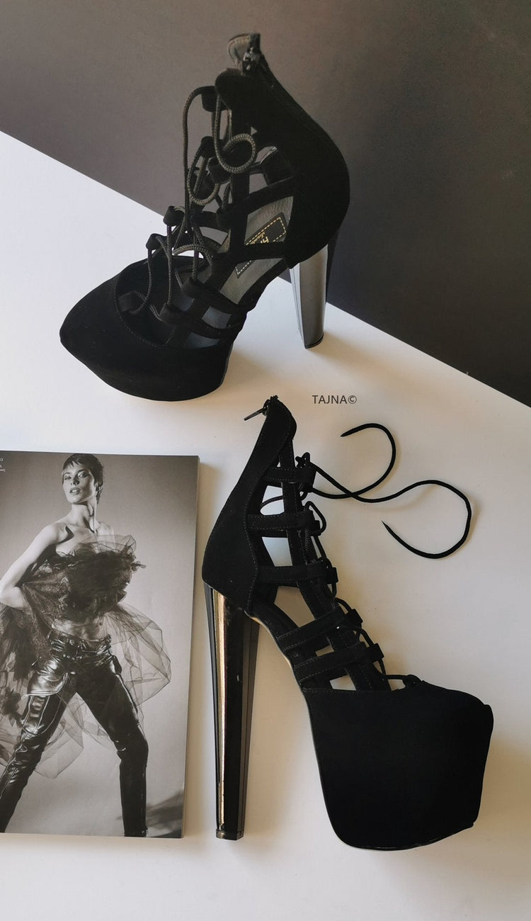 Designer Lace Up Black Suede Pumps - Tajna Club