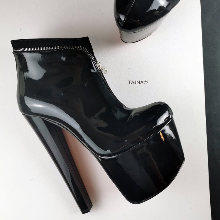 Black Patent Zipper Detail Ankle Boots - Tajna Club