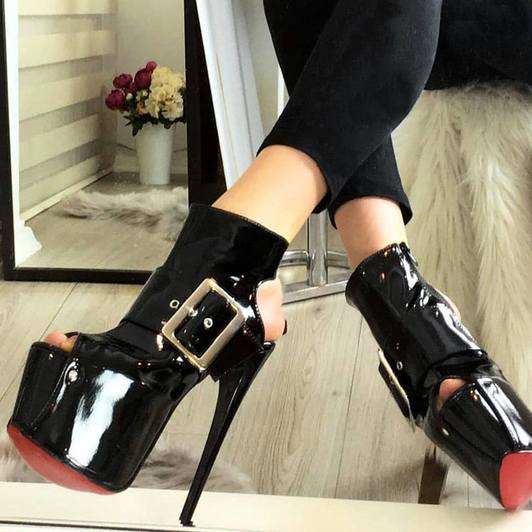Belted Black Patent Leather Platform Heels - Tajna Club