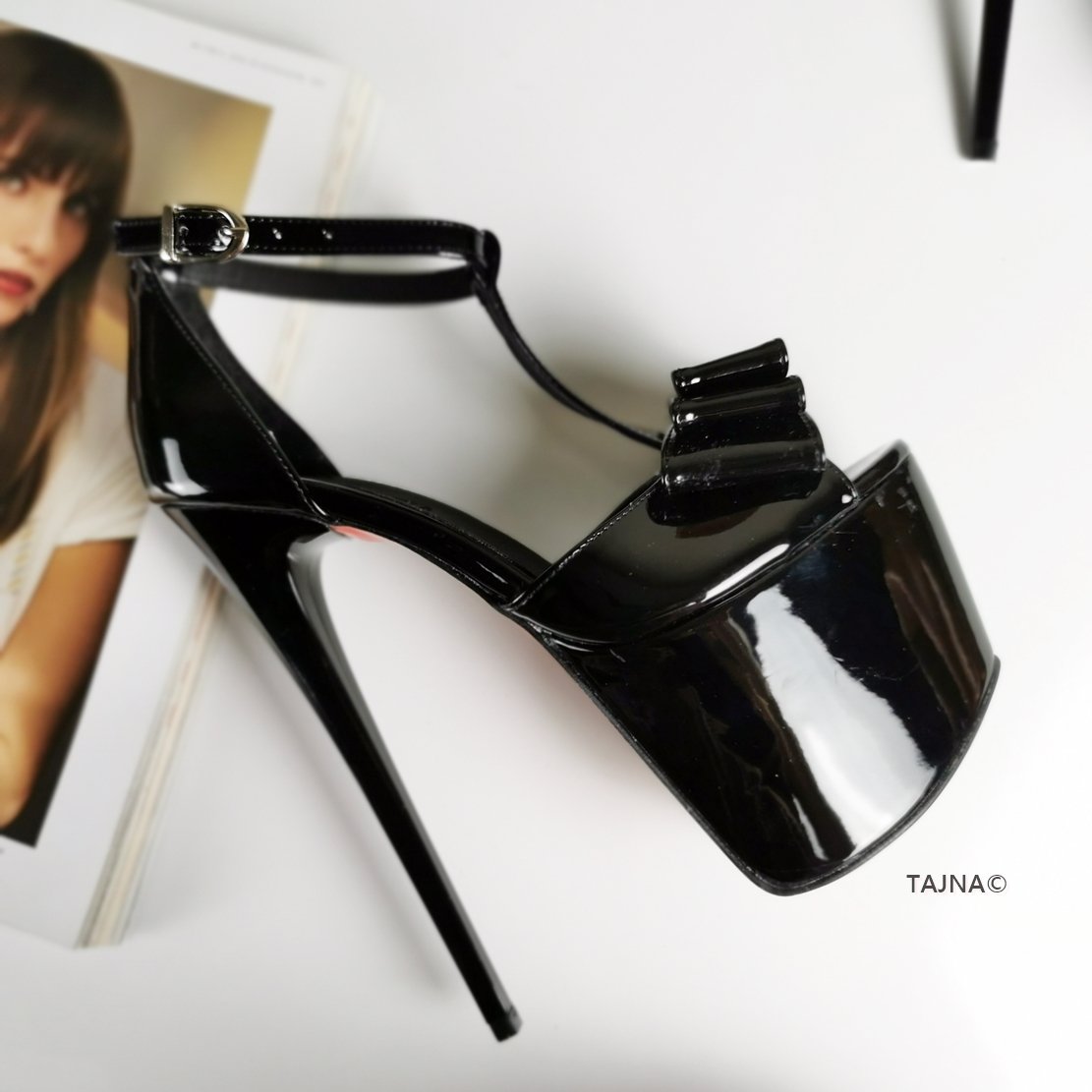 Black Patent Ribbon High Heel Platforms - Tajna Club