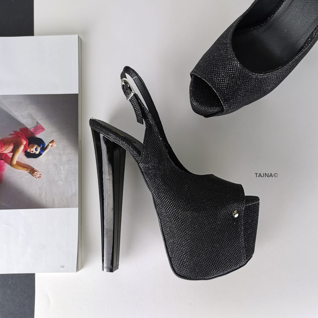 SlingBack Black Shimmer Peep Toe Pumps Tajna Shoes Tajna Club