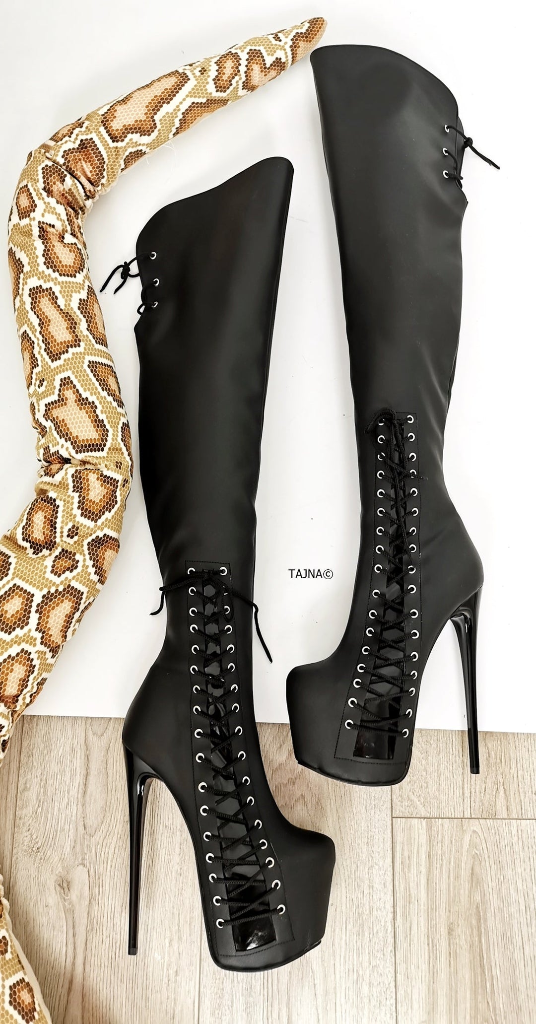 Black Matte Corset Knee High Boots - Tajna Club