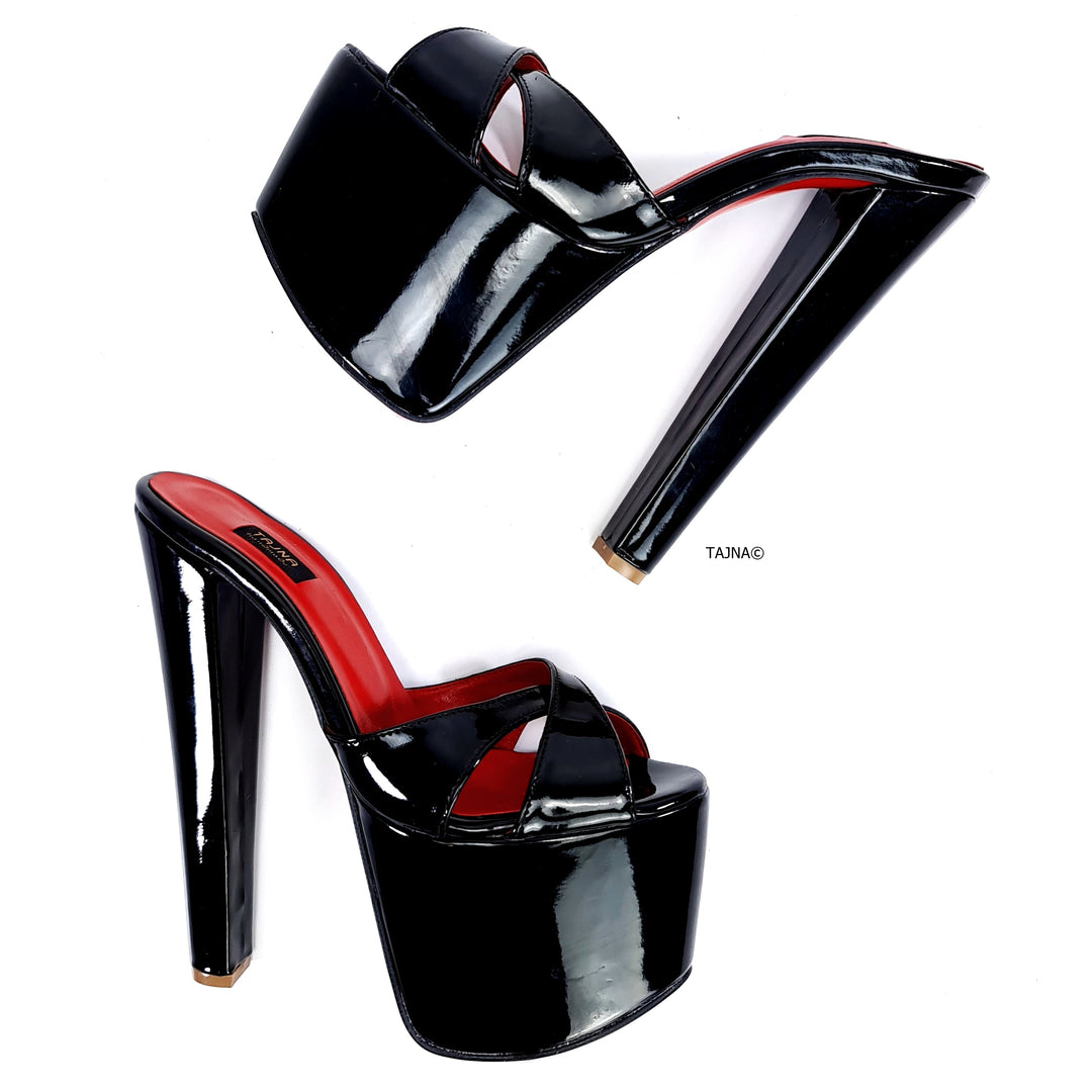 Black Gloss Red Detail Chunky Heel Mules Tajna Club