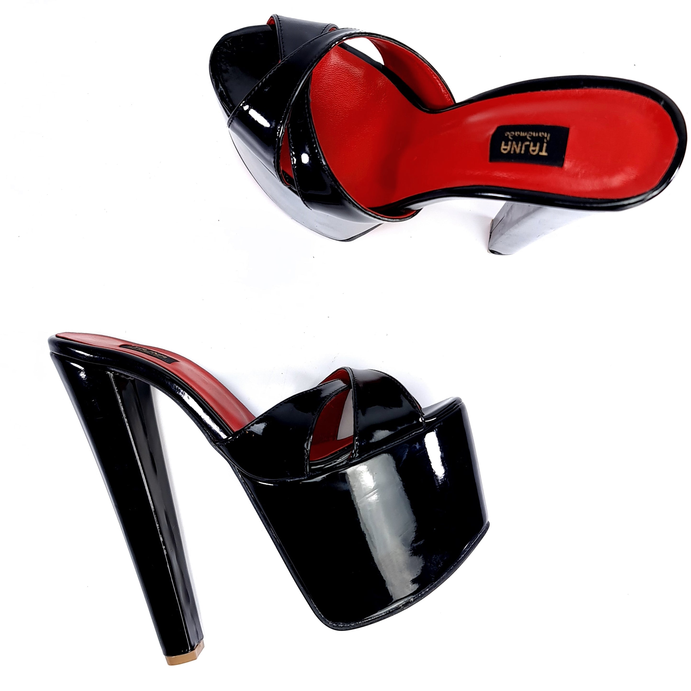 Black Gloss Red Detail Chunky Heel Mules Tajna Club