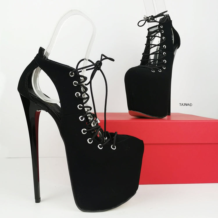 Black Suede Designer Lace Up Heels - Tajna Club