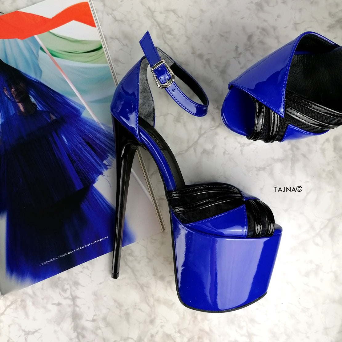 Black Blue Gloss Designer Strap High Heels - Tajna Club