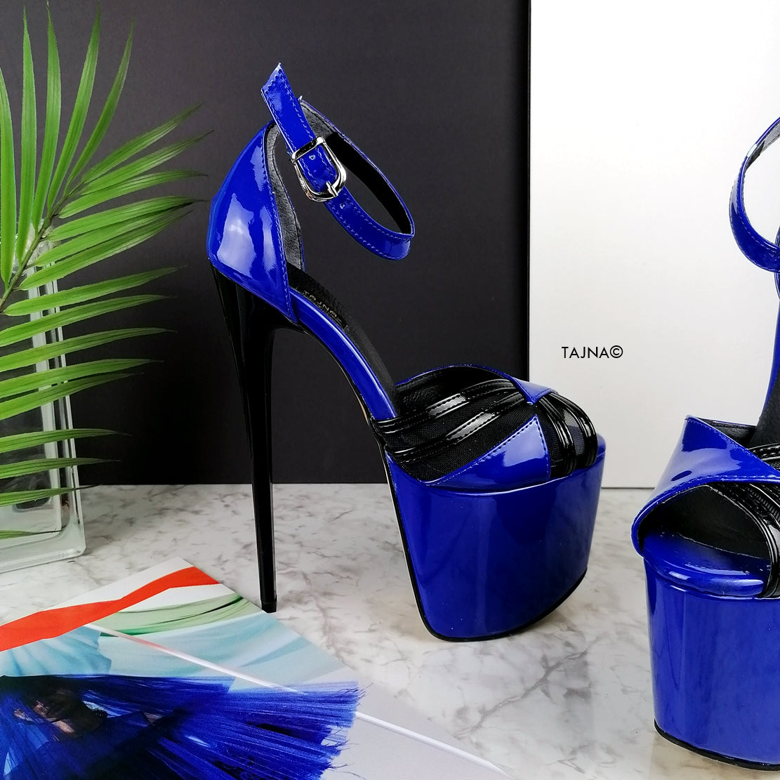 Black Blue Gloss Designer Strap High Heels - Tajna Club