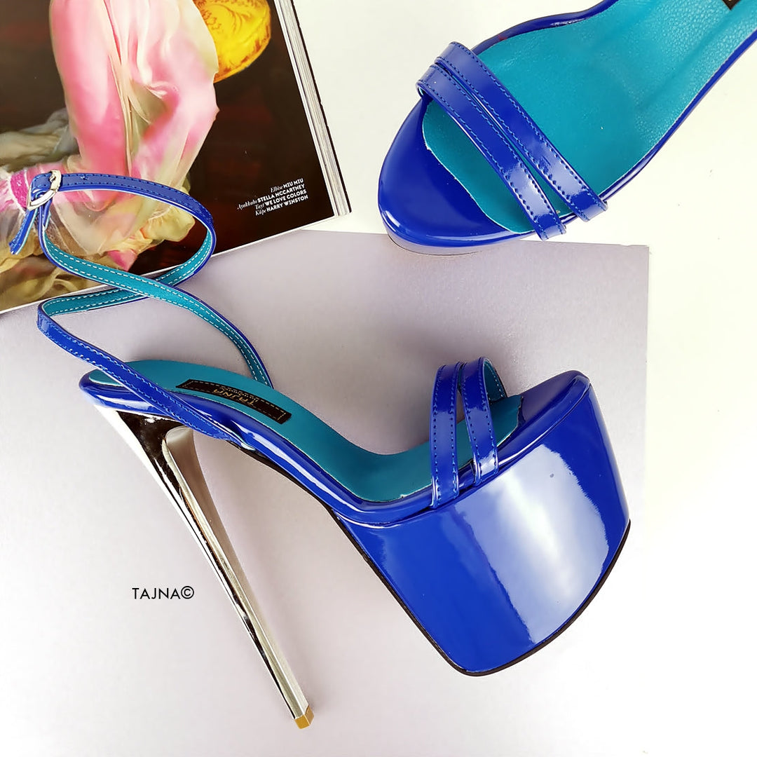 Blue Gloss High Heel Platform Sandals - Tajna Club
