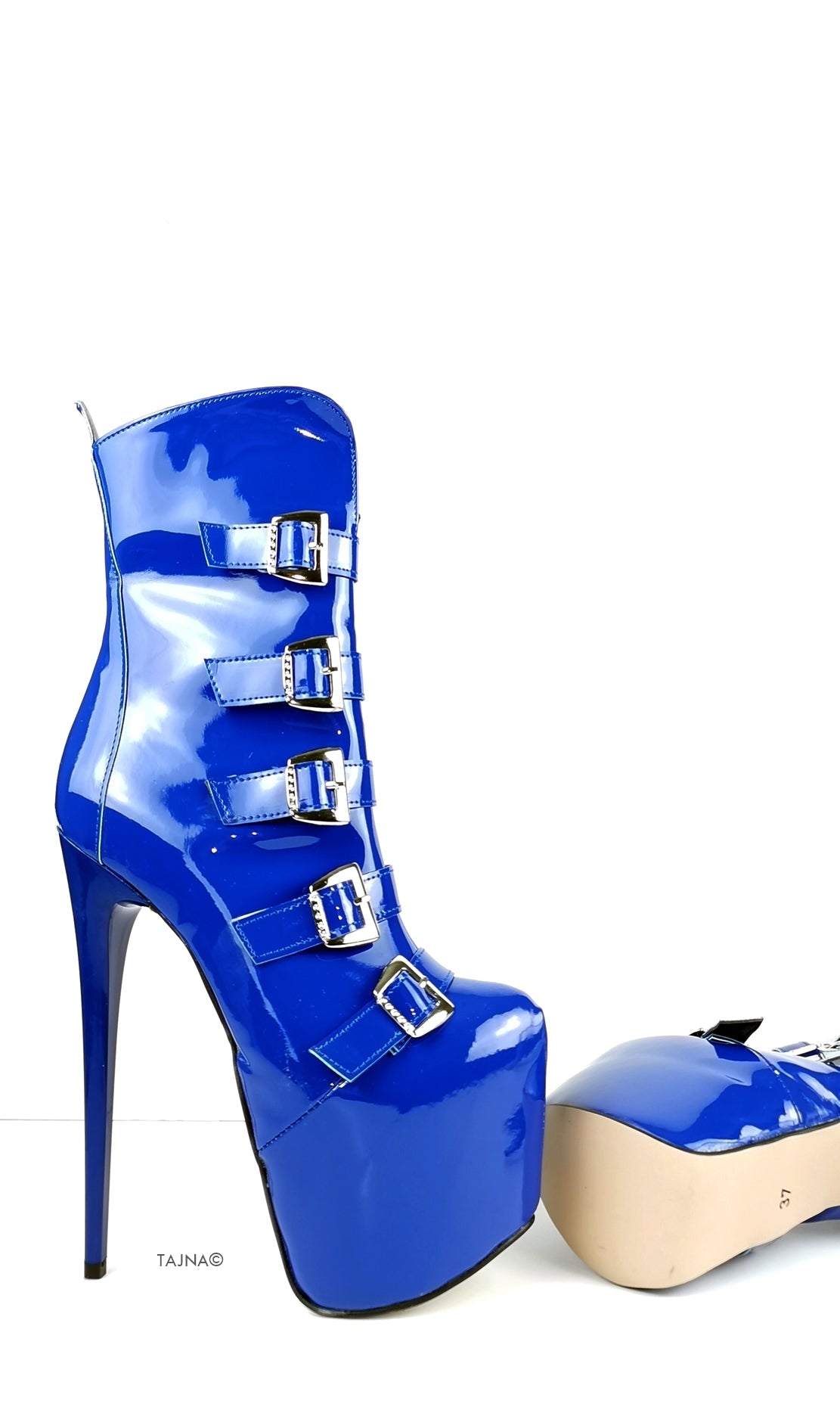 Blue Gloss Patent Multi Belted Platform Boots - Tajna Club