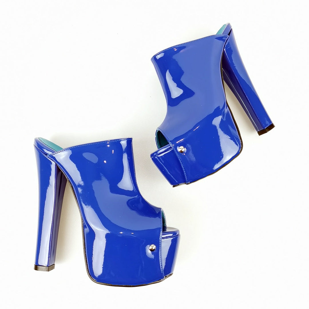 Blue Patent Chunky Heel Mules - Tajna Club