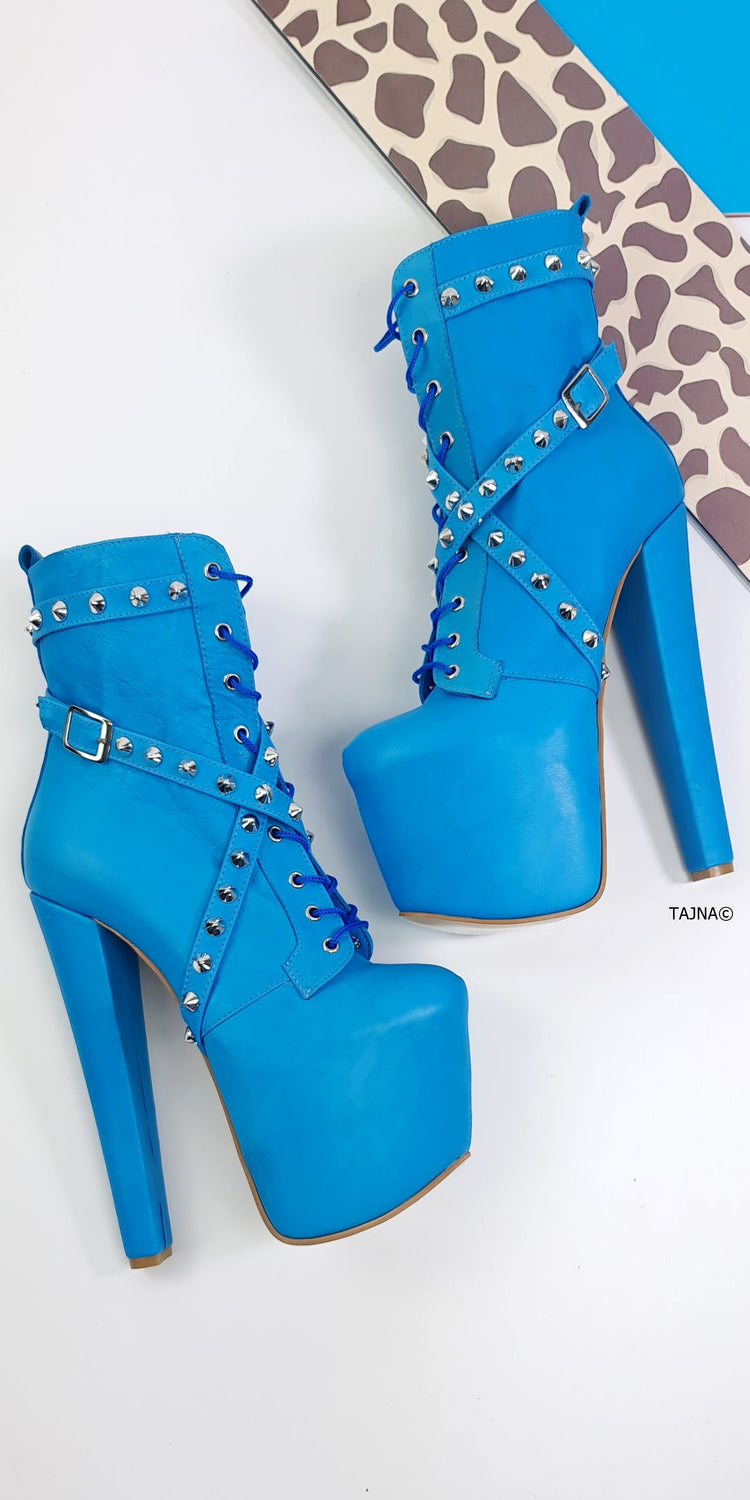 Doll Blue Spike Stud High Heel Rocker Boots Tajna Club Shoes