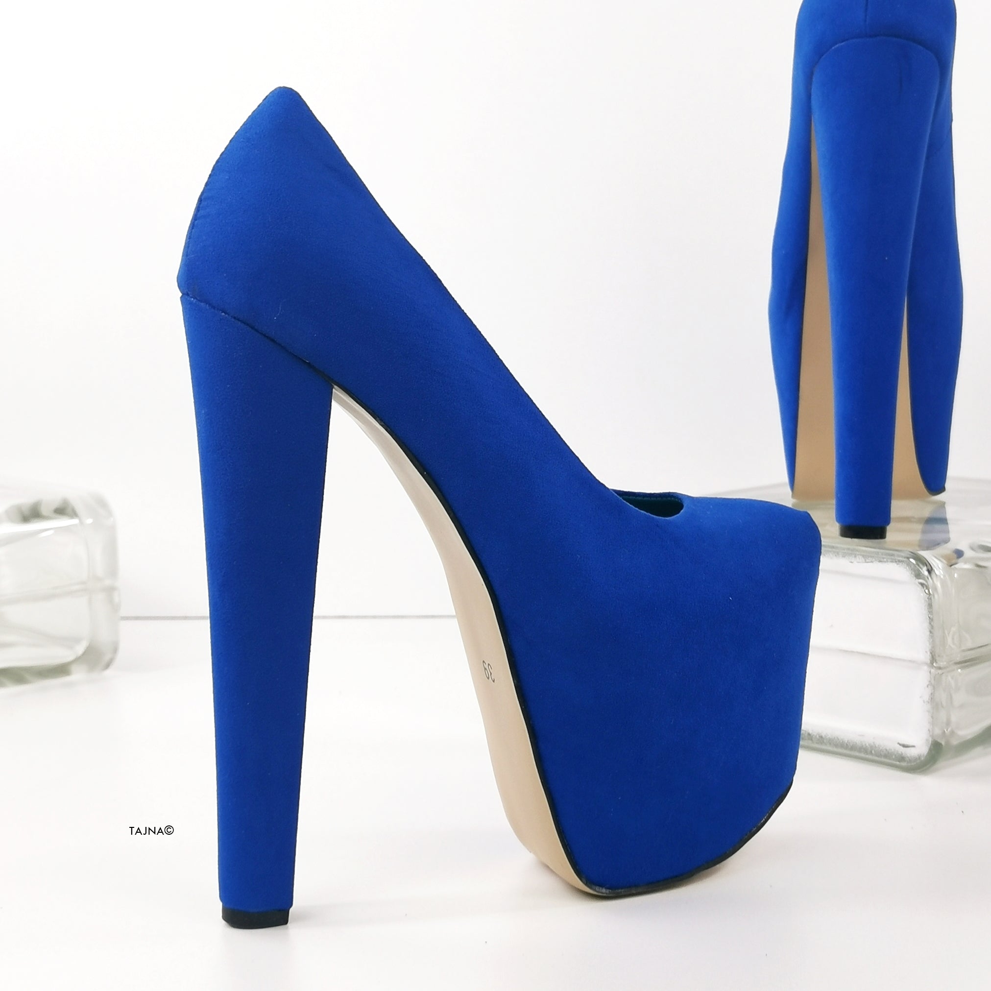 Blue Suede High Heel Hidden Platform Pumps Tajna Shoes Tajna Club