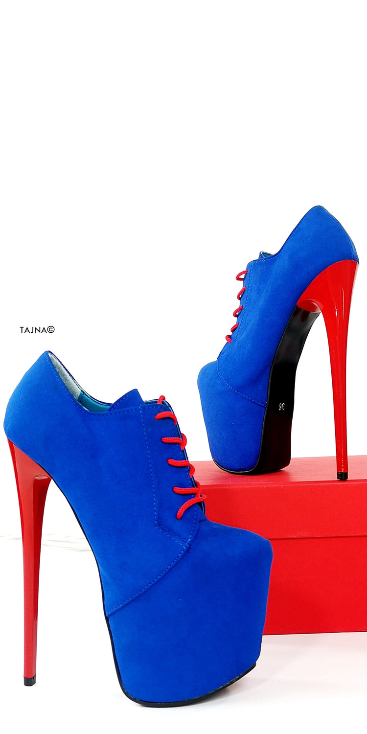 Blue Red Suede Oxford Ankle High Heels - Tajna Club