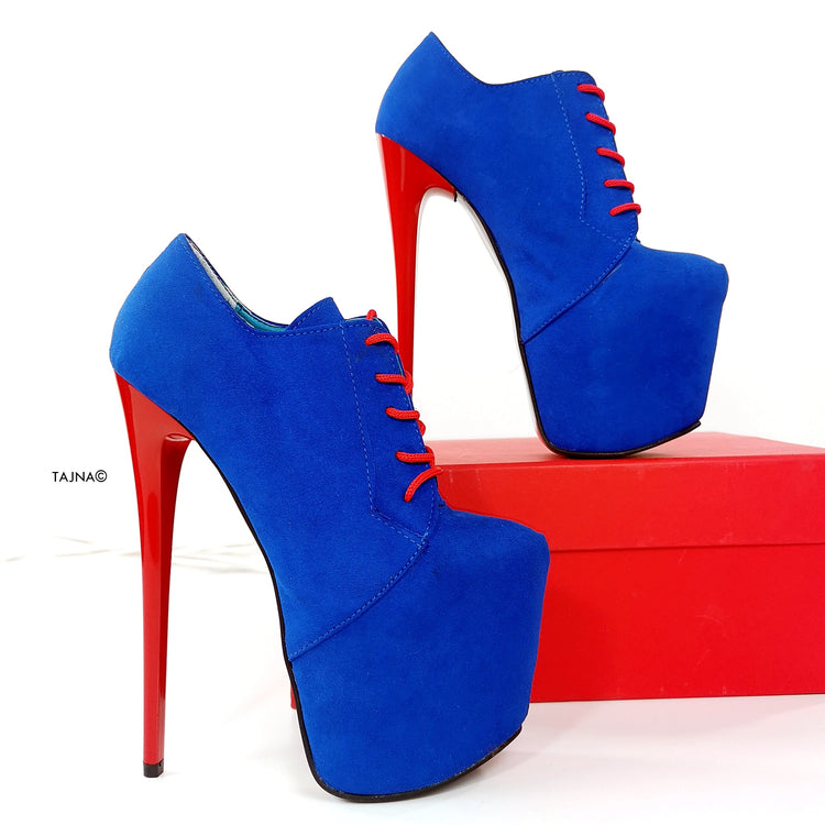 Blue Red Suede Oxford Ankle High Heels - Tajna Club