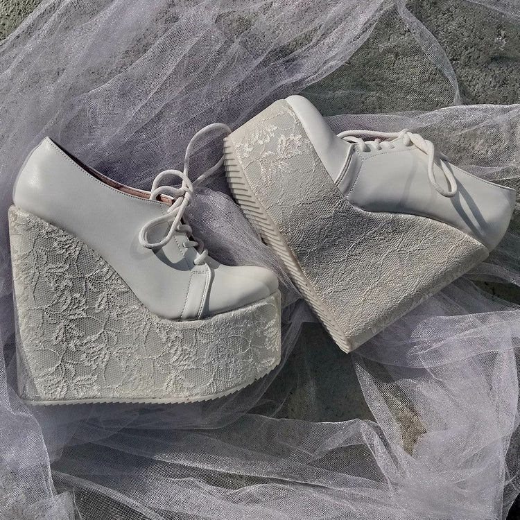 Bridal White Lace Up Wedge Shoes - Tajna Club