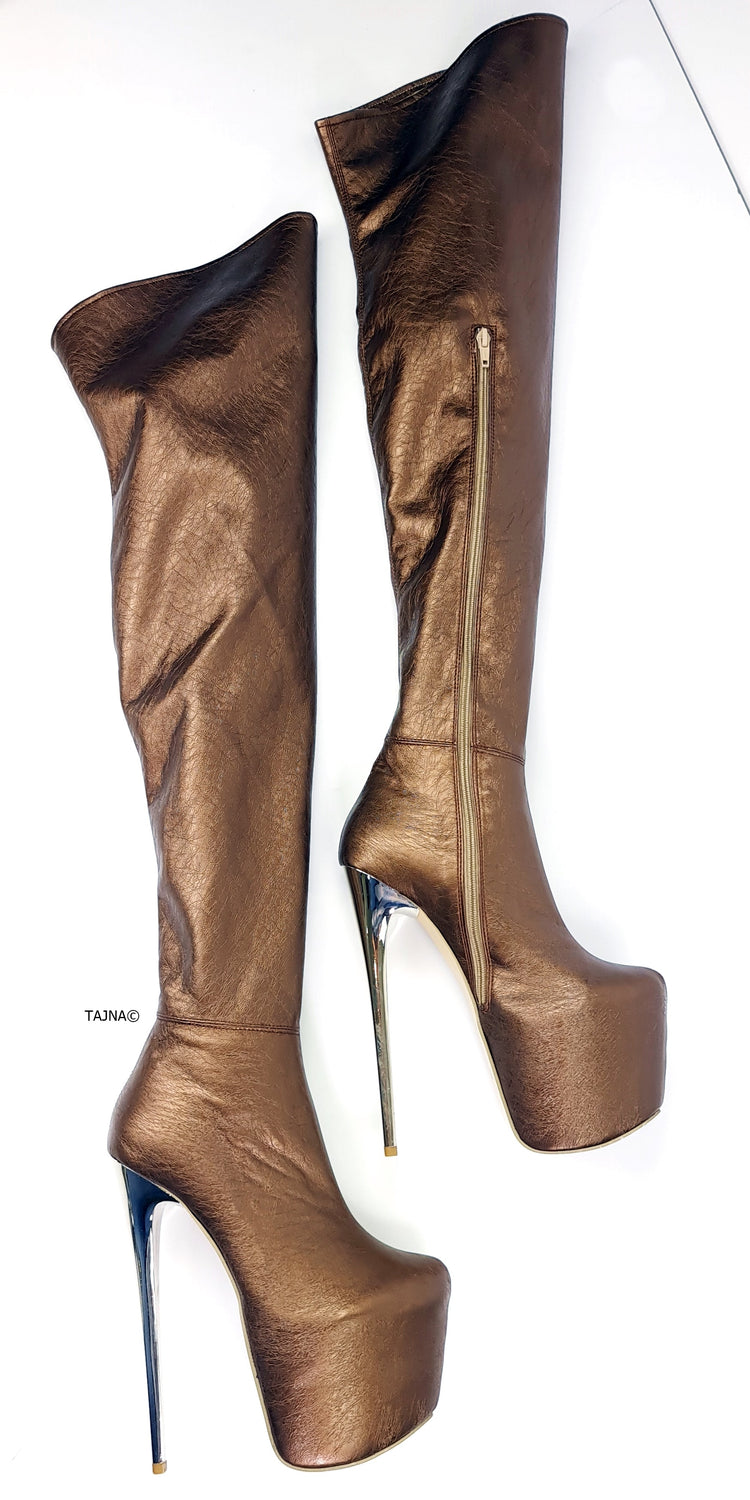 Bronze Stretch Thigh High Metallic Heel Boots