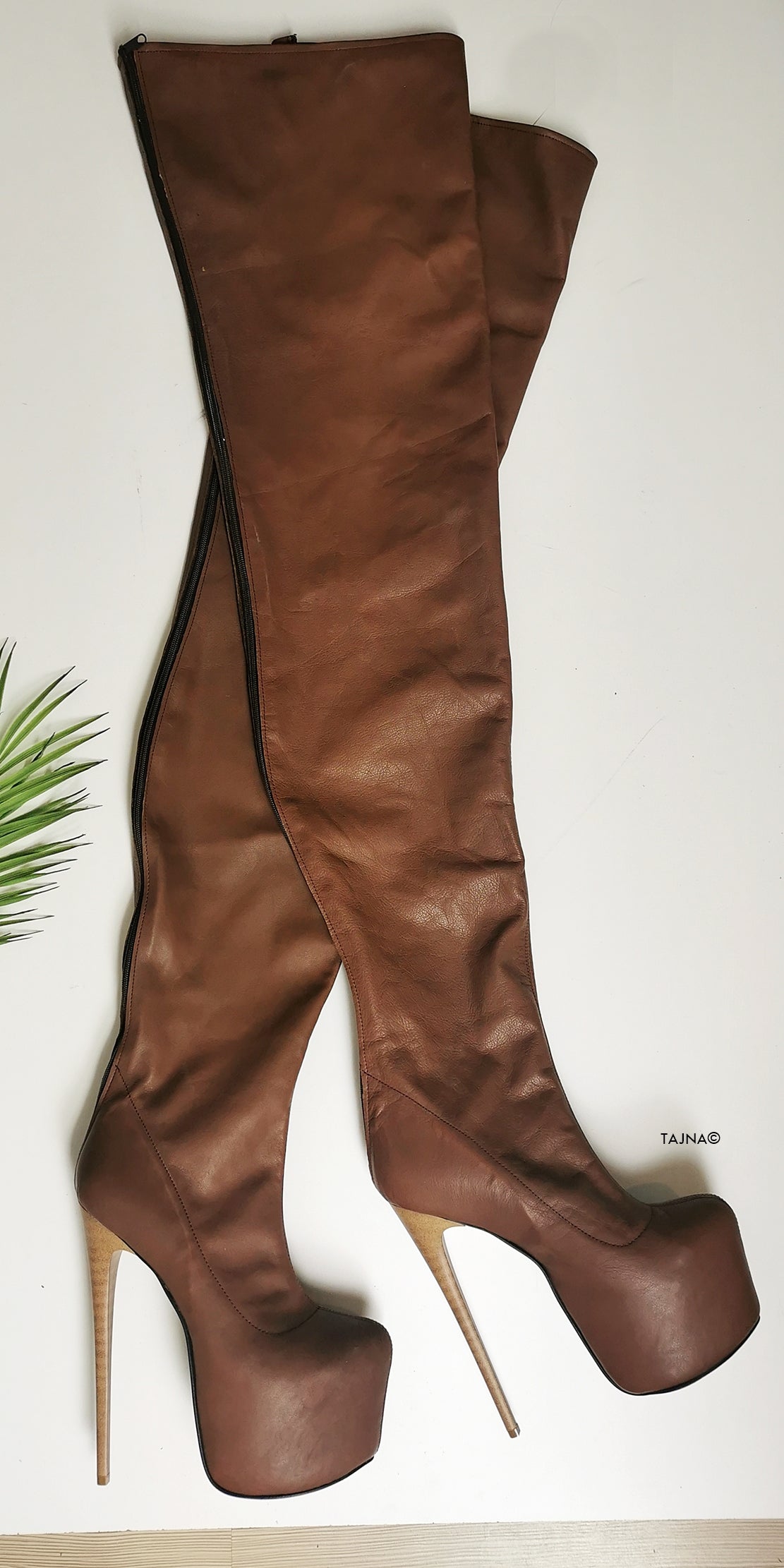 Thigh High Brown Genuine Leather Boots - Tajna Club
