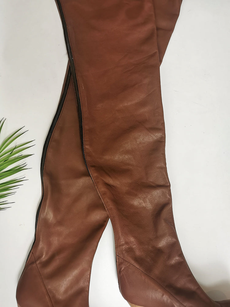 Thigh High Brown Genuine Leather Boots - Tajna Club