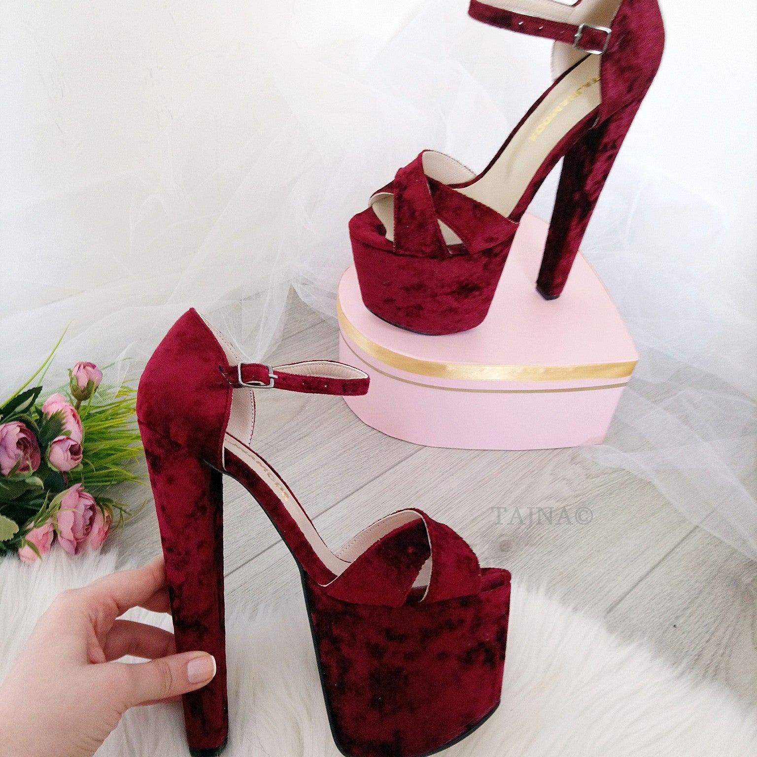 Red velvet platform shoes clearance