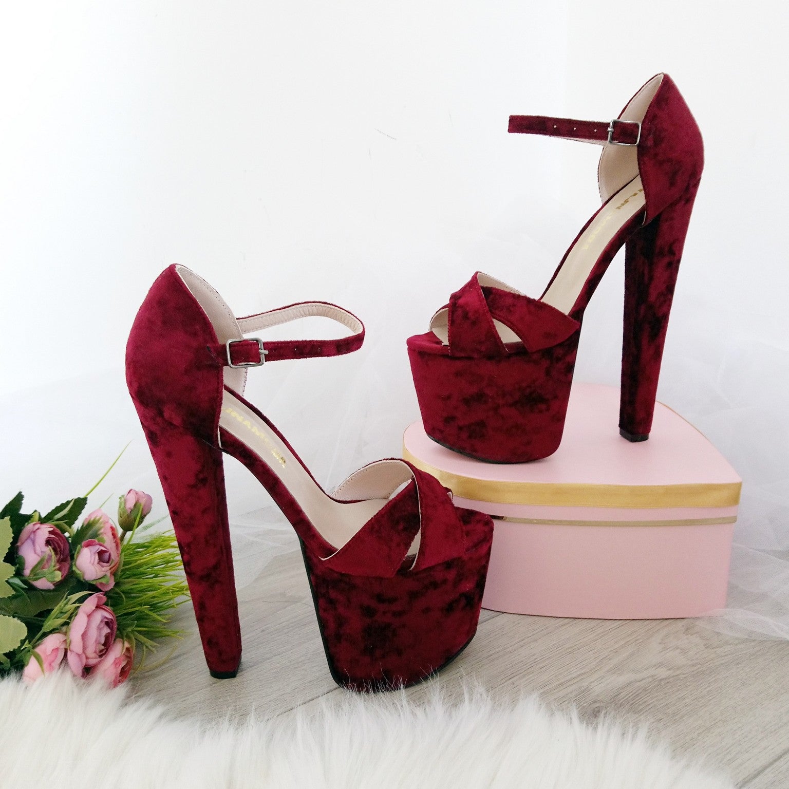Red velvet platform heels outlet