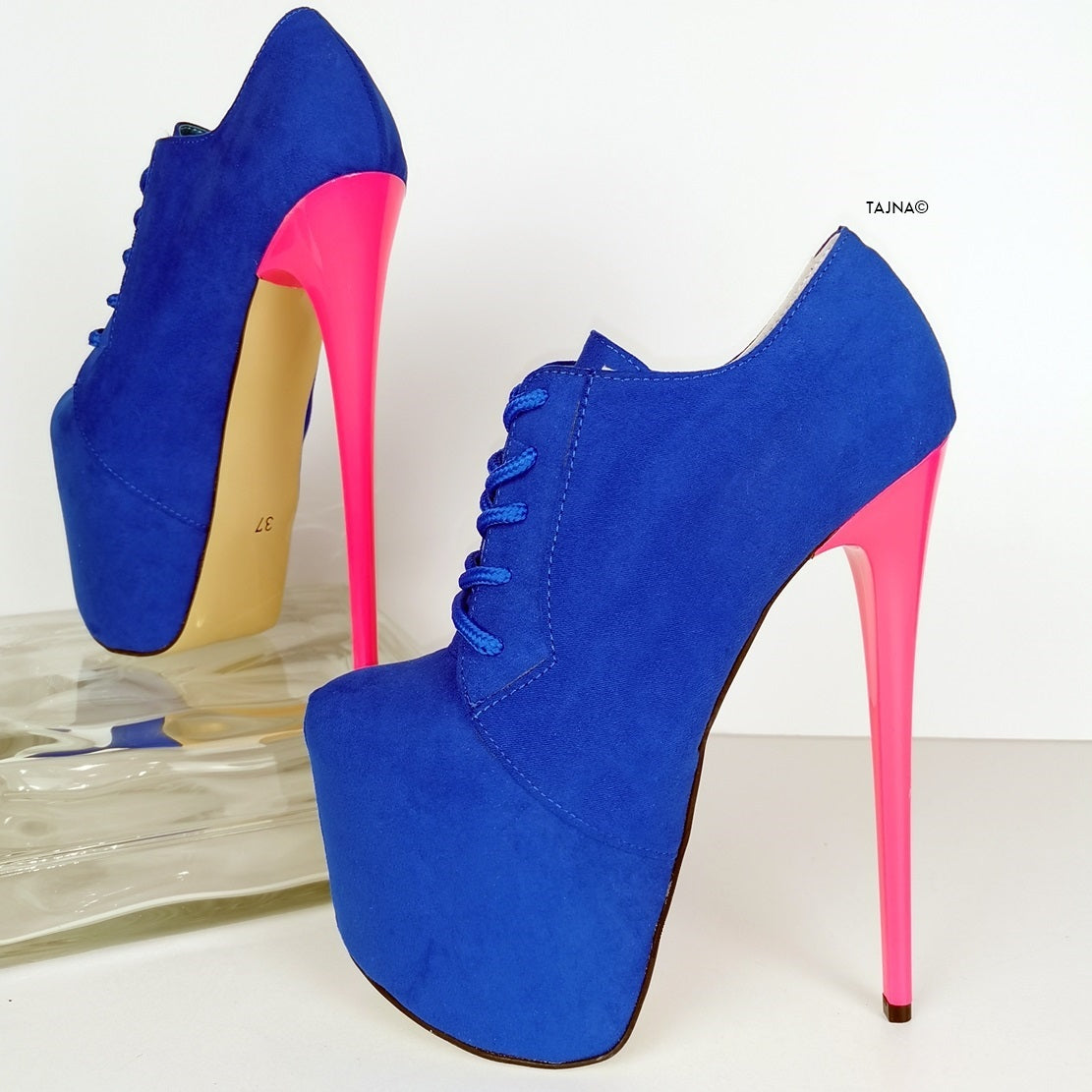 Blue Suede Pink Lace Up Oxford Heels - Tajna Club