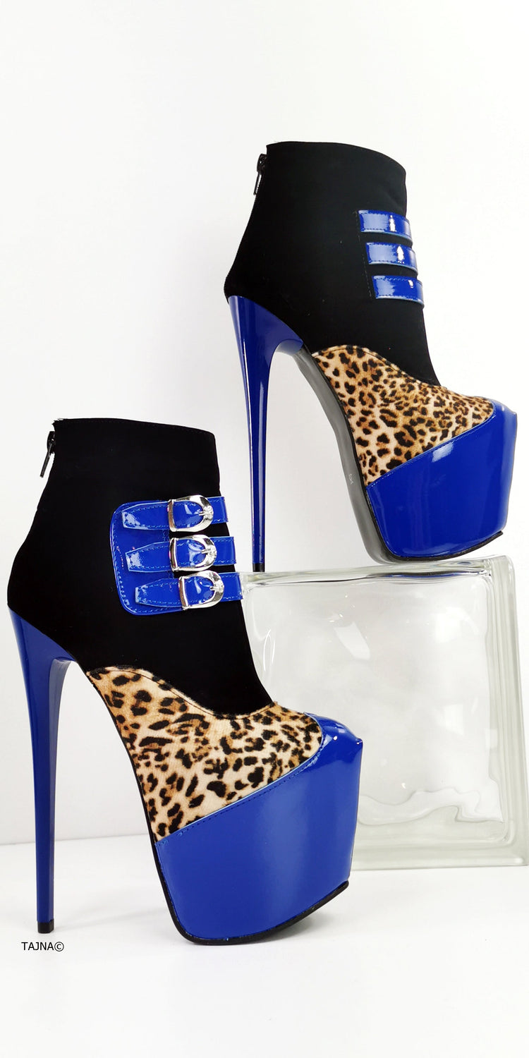 Blue Gloss Leopard Detail Ankle Heel Boots - Tajna Club