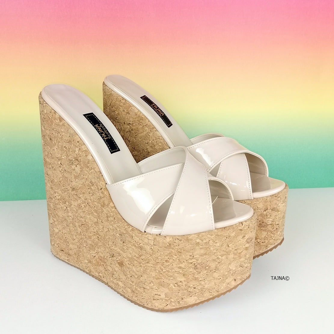 Cross Strap Nude Cream Cork Wedge Mules Tajna Shoes Tajna Club