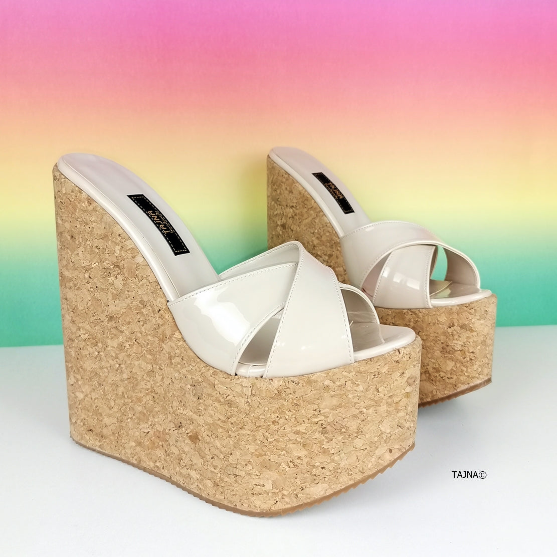 Cross Strap Nude Cream Cork Wedge Mules Tajna Shoes Tajna Club