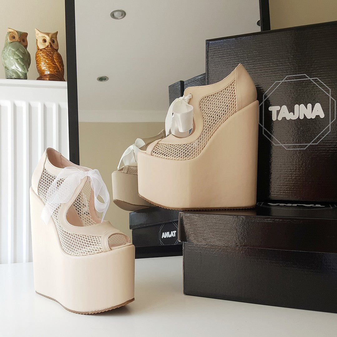 Cream Nude High Heel Wedge Platform Shoes - Tajna Club