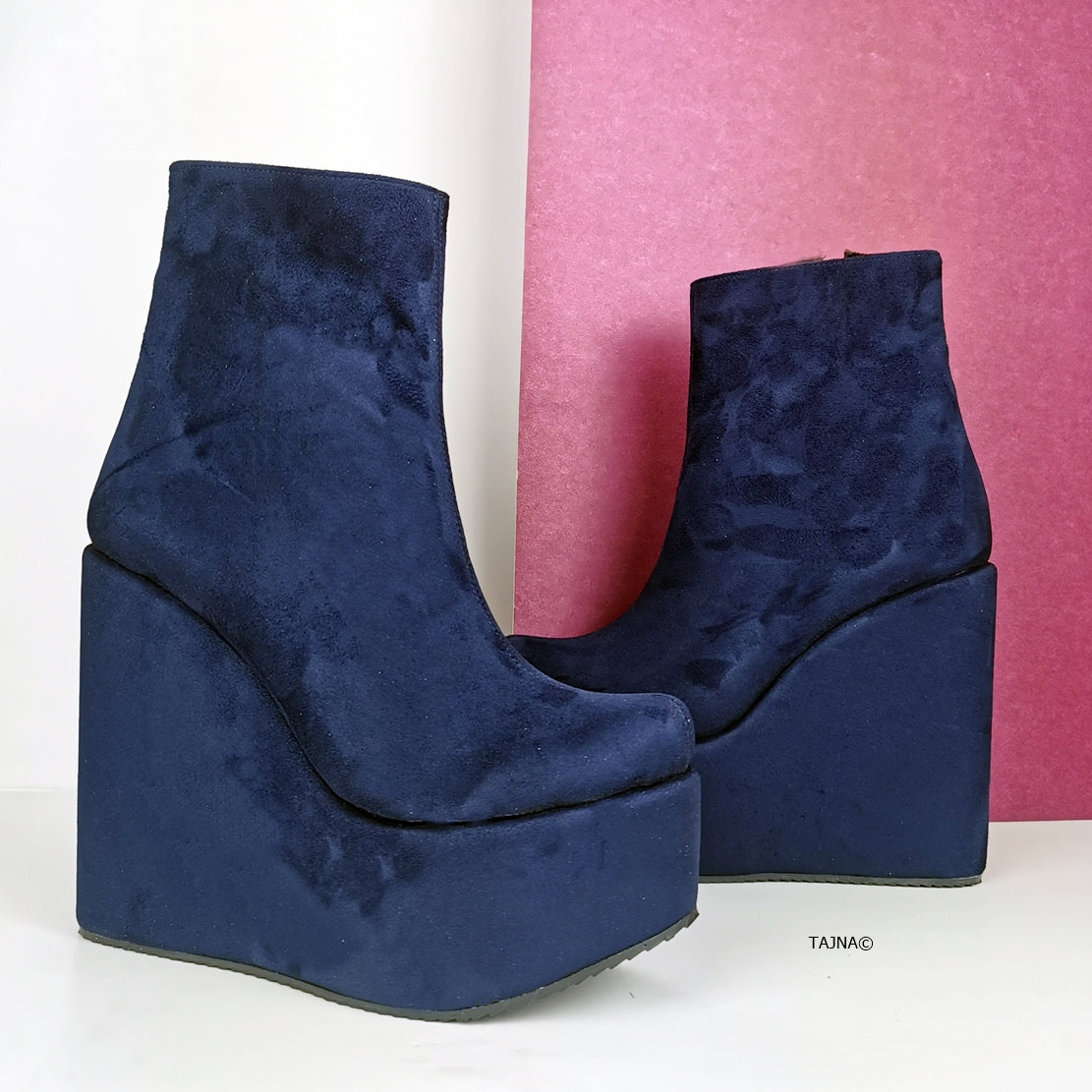 Dark Blue Suede Platform Wedge Boots Tajna Shoes Tajna Club