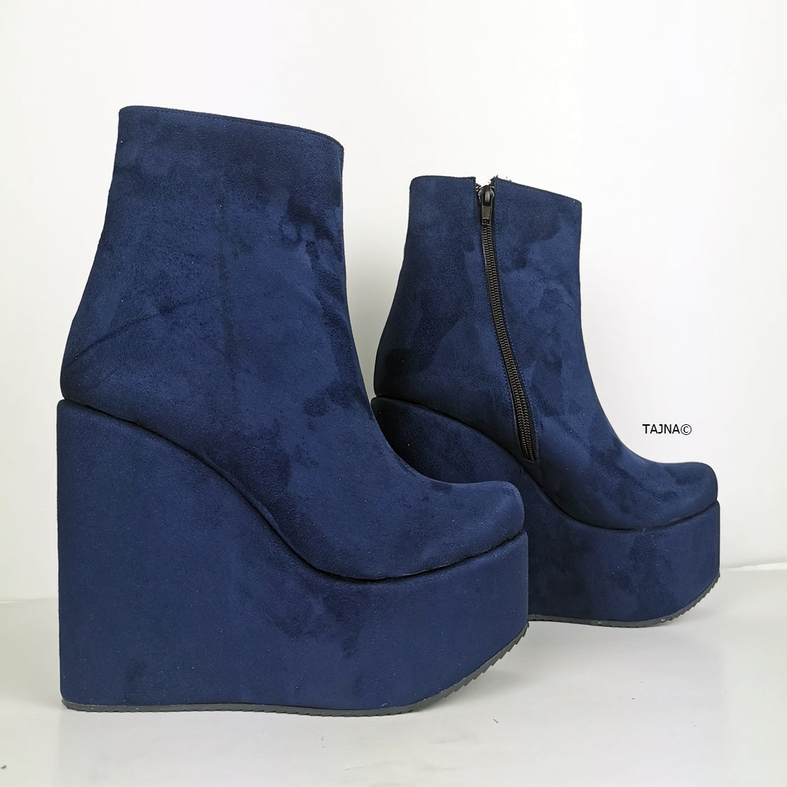 Dark Blue Suede Platform Wedge Boots - Tajna Club