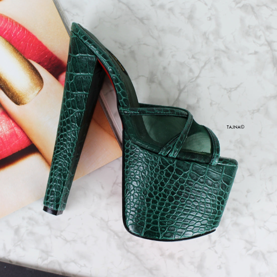 Green Snake Transparent Cross Strap Mules - Tajna Club
